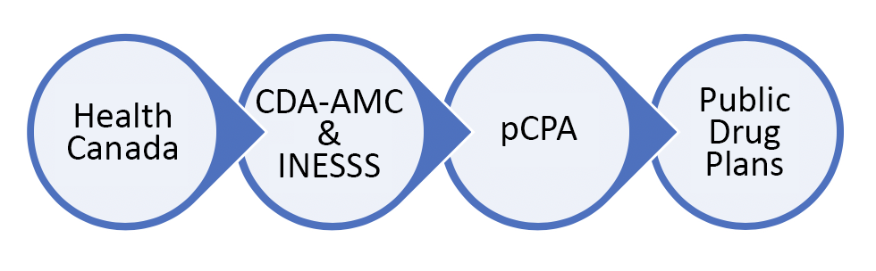 Flow of the process through: Health Canada, CDA and INESSS, pCPA, and Public Drug plans